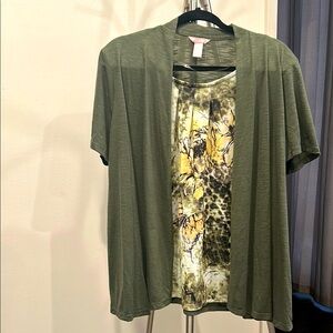 White Stag Olive Green Cardigan / Top with abstract‎ print.